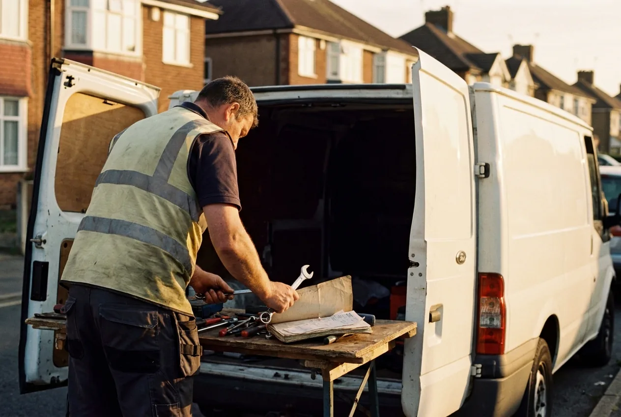 Kent builder sorting receipts at the back of his van